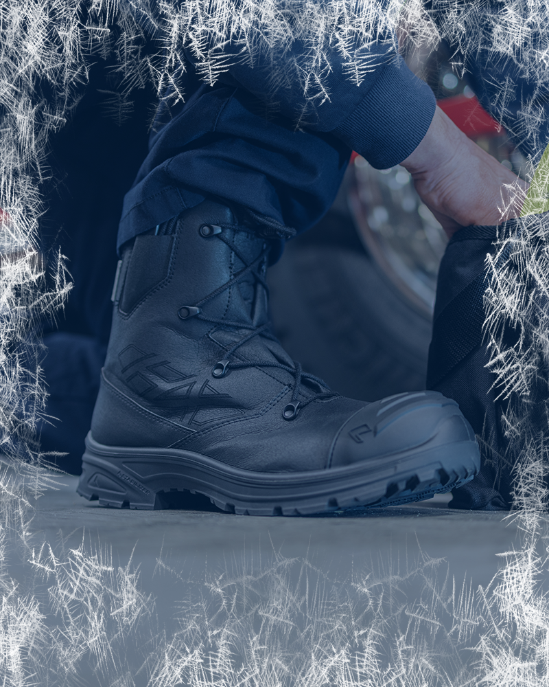 Safety Toe Boots category featuring black Rescue Xtreme composite toe boots in a fire station with a frost border effect